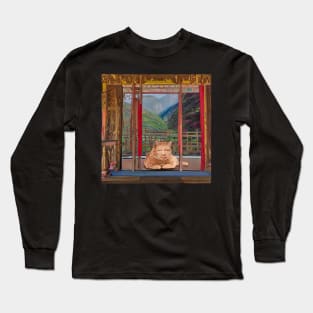 Eckhart Tolle Zen Master Cat On a Temple Terrace Overlooking Mountains Long Sleeve T-Shirt